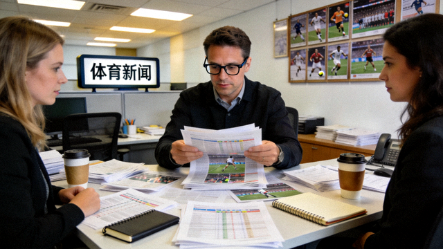 体育新闻编辑部内编辑正在整理赛事资讯稿件