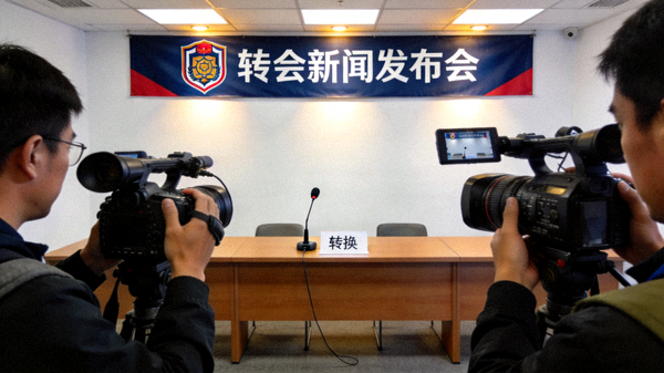 体育新闻发布厅内记者正在拍摄转会相关采访画面